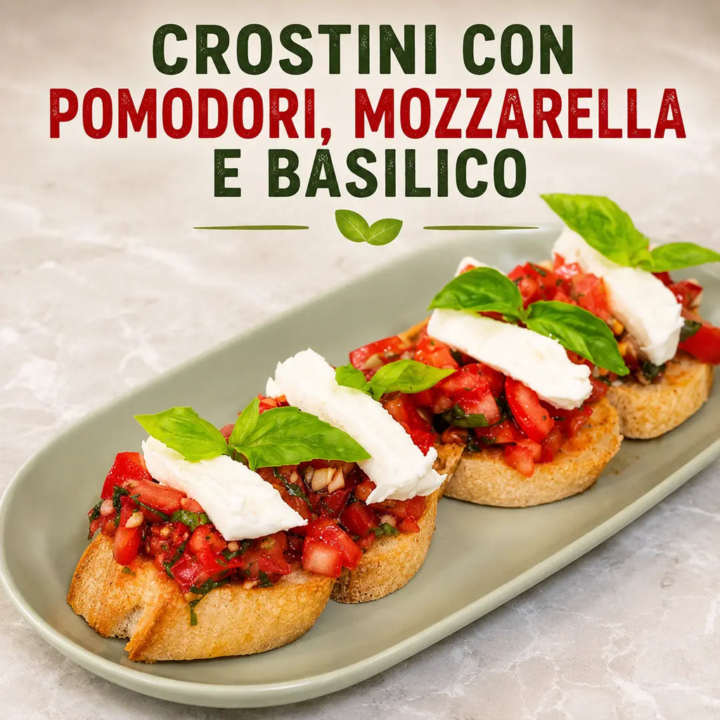 CROSTINI CON POMODORI, MOZZARELLA E BASILICO