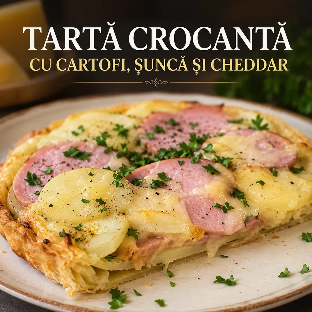TARTĂ CROCANTĂ CU CARTOFI, ȘUNCĂ ȘI CHEDDAR